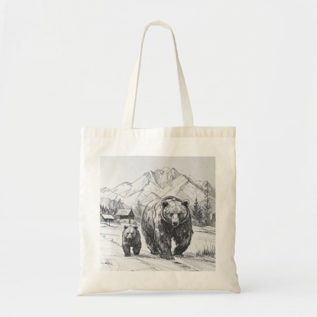 Bolsa Tote Dois ursos, mãe e bebê, caminhando ao longo de bel (Frente)