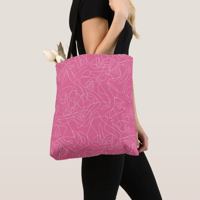 Bolsa Tote Doodle abstrato branco sobre fundo rosa (Close Up)
