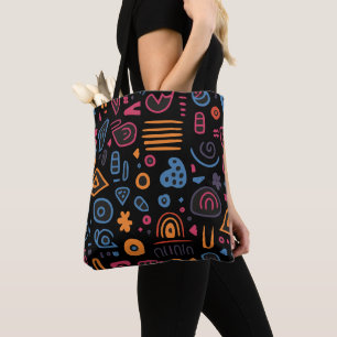 Bolsa Tote Doodle Tribal Abstrato Neon Geométrico Preto