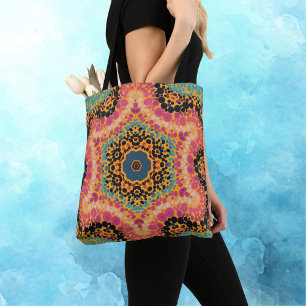 Bolsa Tote Dot Mandala Azul Rosa Preto e Amarelo