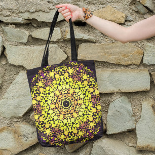 Bolsa Tote Dot Mandala Flor Amarelo Puro e Preto