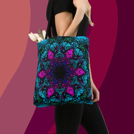 Bolsa Tote Dot Mandala Flor Azul Verde e Rosa