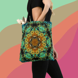 Bolsa Tote Dot Mandala Flor Laranja Verde e Azul