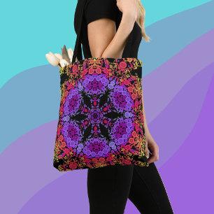 Bolsa Tote Dot Mandala Flor Púrpura Laranja e Amarelo