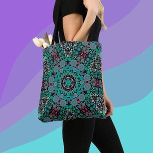 Bolsa Tote Dot Mandala Flor Verde Azul e Vermelho