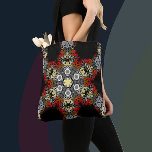 Bolsa Tote Dot Mandala Flor Vermelho Amarelo e Cinza