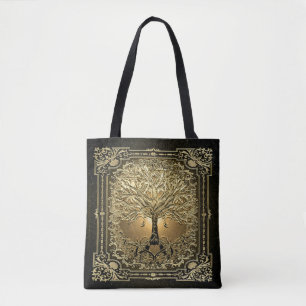 Bolsa Tote Dourada Árvore da Vida Antiga Rústica