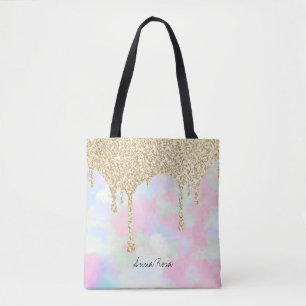 Bolsa Tote *~* Dourada Glitter Pastel Unicorn Mermaid Rainbow