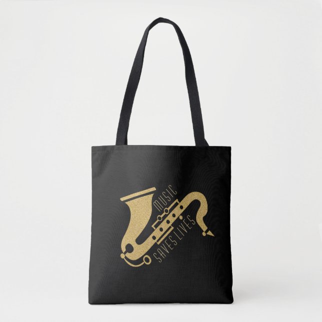 Bolsa Tote Dourada Ilustração Saxofônica Ilustração Personali (Frente)