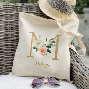 Bolsa Tote Dourada - Letra M e Blush Floral Personalizadas