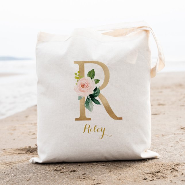 Bolsa Tote Dourada Letra R e Blush Floral Personalizadas (Criador carregado)
