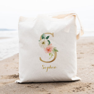 Bolsa Tote Dourada - Letra S e Blush Floral Personalizadas