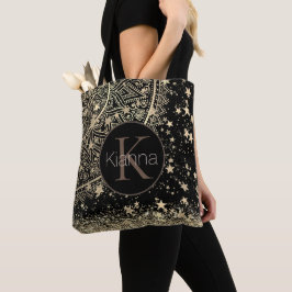 Bolsa Tote Dourada Lotus Mandala Glitter Dourada Stars Monogr
