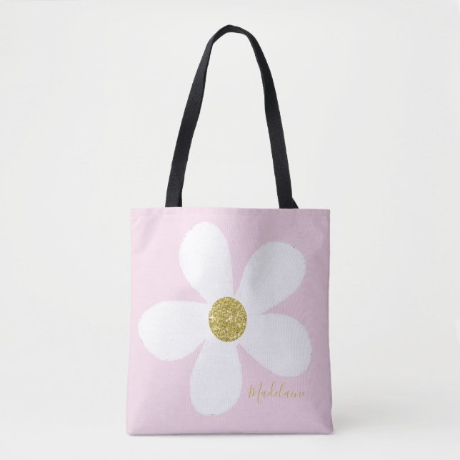 Bolsa Tote Dourada Margarida Simples Branca Rosa (Frente)