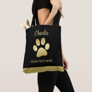 Bolsa Tote Dourada pata de cão brilhante sobre fundo negro