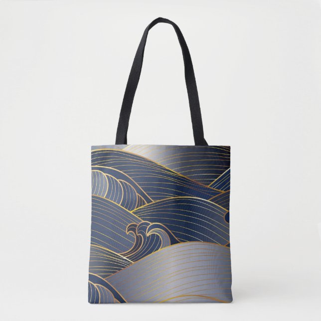 Bolsa Tote Dourada Wave Lines, Abstrato Vintage. (Frente)