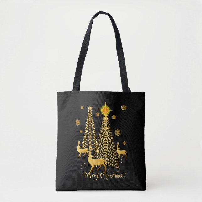 Bolsa Tote Douradas Árvores de Natal e Reindeer (Frente)