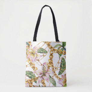Bolsa Tote Douradas Cadeias e Lírios Reais: Elegância Aquarel
