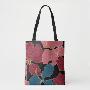 Bolsa Tote Douradas orquídeas, elegante arte floral.