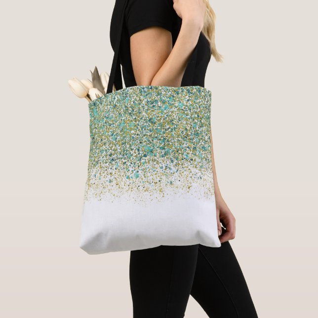 Bolsa Tote Dourado Branco e Azul Turquesa com Brilho Glam Mod (Close Up)