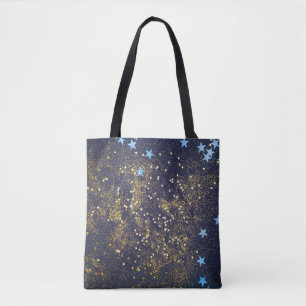 Bolsa Tote Dourado brilho e reluzente estrelas azuis em preto