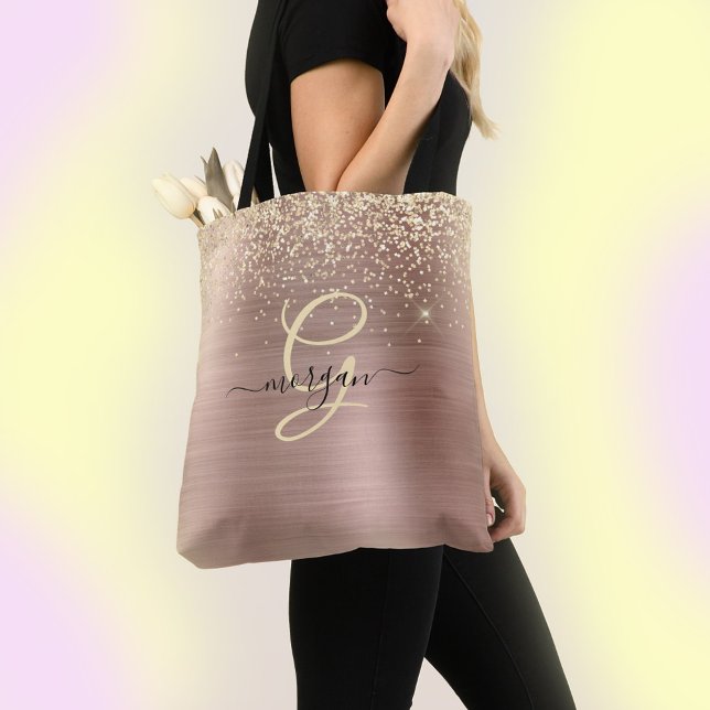 Bolsa Tote Dourado brilho, monograma Dourado, nome de script  (Criador carregado)