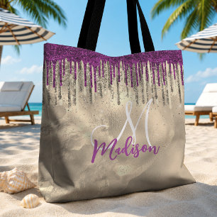 Bolsa Tote Dourado chique, monograma com brilho roxo rosa que