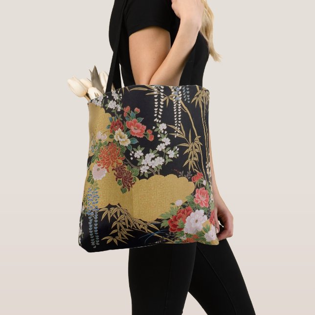 Bolsa Tote Dourado e negro Oriental Kimono Floral (Close Up)