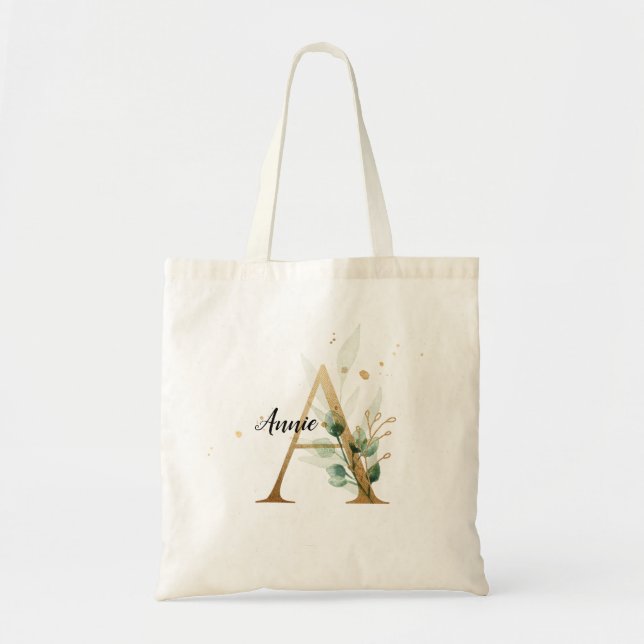 Bolsa Tote Dourado Folheto Verde Elegante Monograma "A" (Frente)