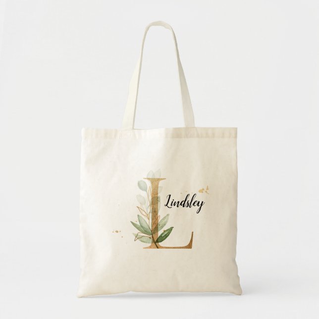 Bolsa Tote Dourado Folheto Verde Elegante Monograma "L" (Frente)