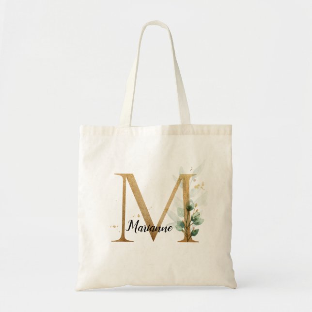 Bolsa Tote Dourado Folheto Verde Elegante Monograma "M" (Frente)