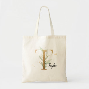 Bolsa Tote Dourado Folheto Verde Elegante Monograma "T"