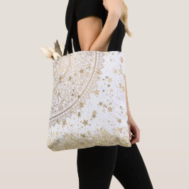 Bolsa Tote Dourado Lotus Mandala com Douradas estrelas em bra