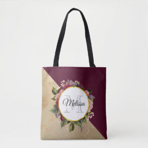 Bolsa Tote Dourado padrão mármore e monograma floral borgonha