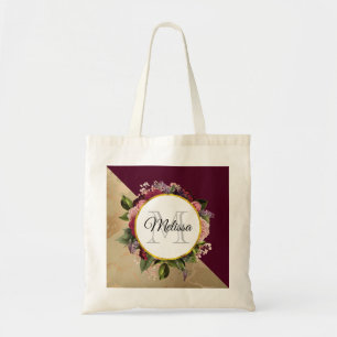 Bolsa Tote Dourado padrão mármore e monograma floral borgonha