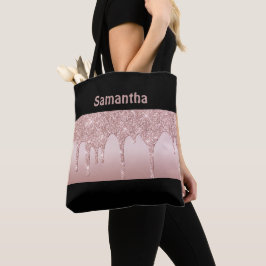 Bolsa Tote Dourado Rosa com Glitter Monograma Rosa Bege