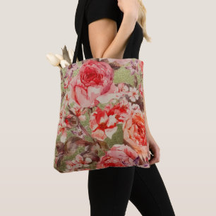 Bolsa Tote Dourado Rosa Floral Bloqueio Framboesa Cor de Água