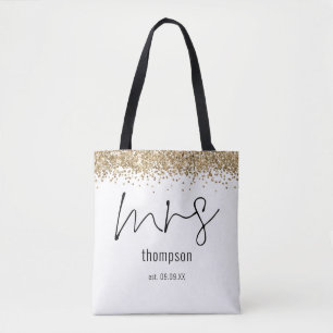 Bolsa Tote Dourado Script Glitter Nome Nome Data Bride