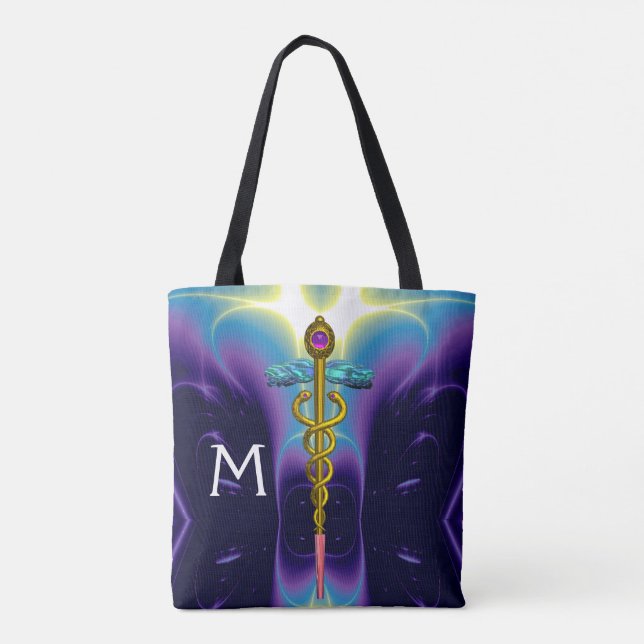 Bolsa Tote DOURADO SÍMBOLO MÉDICO CADUEUS, MONOGRAMA, Azul Ro (Verso)