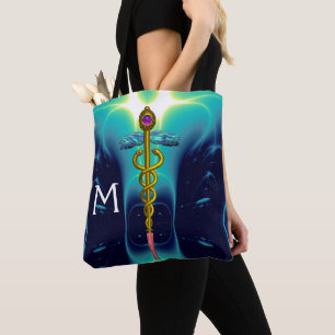 Bolsa Tote DOURADO SÍMBOLO MÉDICO DE CADUEUS, Azul Teal