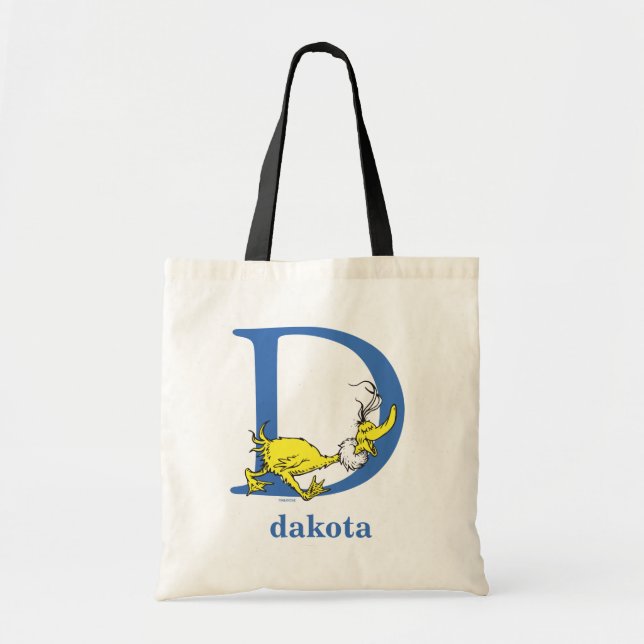 Bolsa Tote Dr. Seuss ABC: Carta D - Azul | Adicione seu nome (Frente)