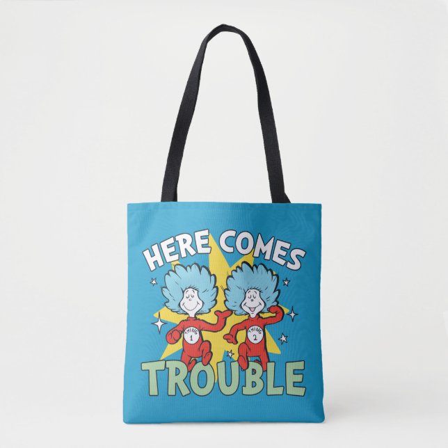 Bolsa Tote Dr. Seuss | Coisa Um Coisa Dois Aqui Vem o Problem (Frente)
