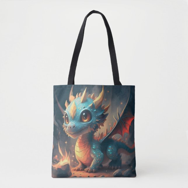 Bolsa Tote Dragão Chibi Azul Curioso (Frente)