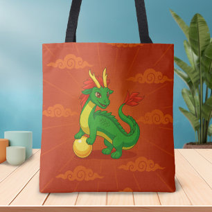 Bolsa Tote Dragão Chinês Verde sobre Vermelho