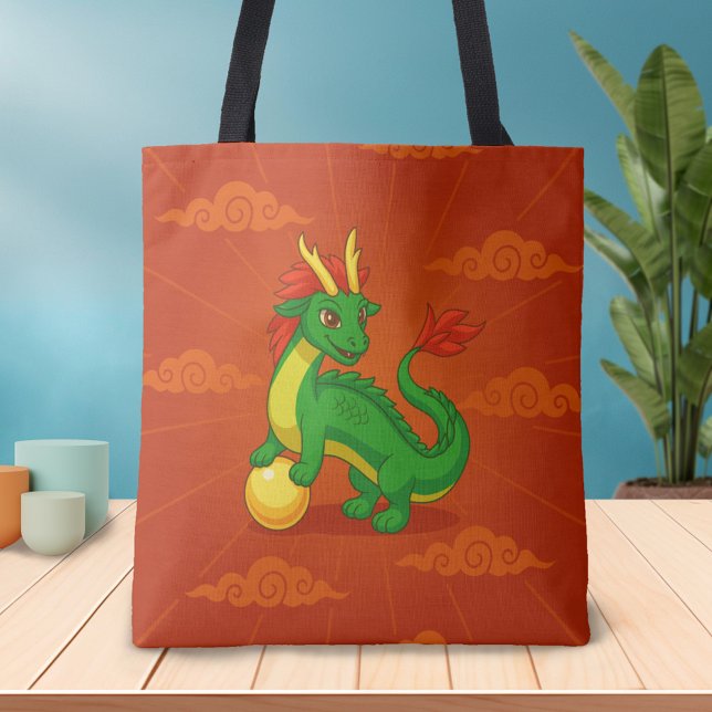Bolsa Tote Dragão Chinês Verde sobre Vermelho (Criador carregado)