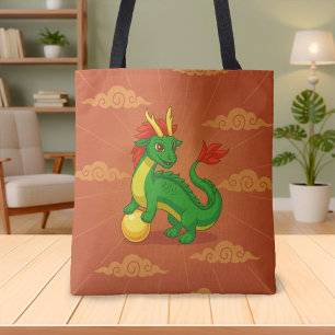 Bolsa Tote Dragão Chinês Verde sobre Vermelho