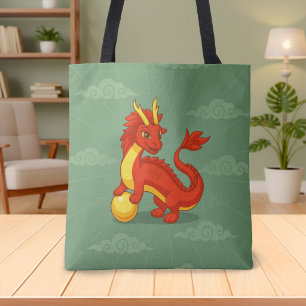 Bolsa Tote Dragão Chinês Vermelho sobre Verde
