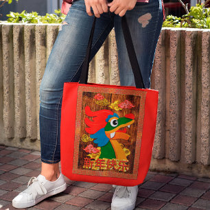 Bolsa Tote Dragão de Corte de Papelaria Chinês Vermelho Doura