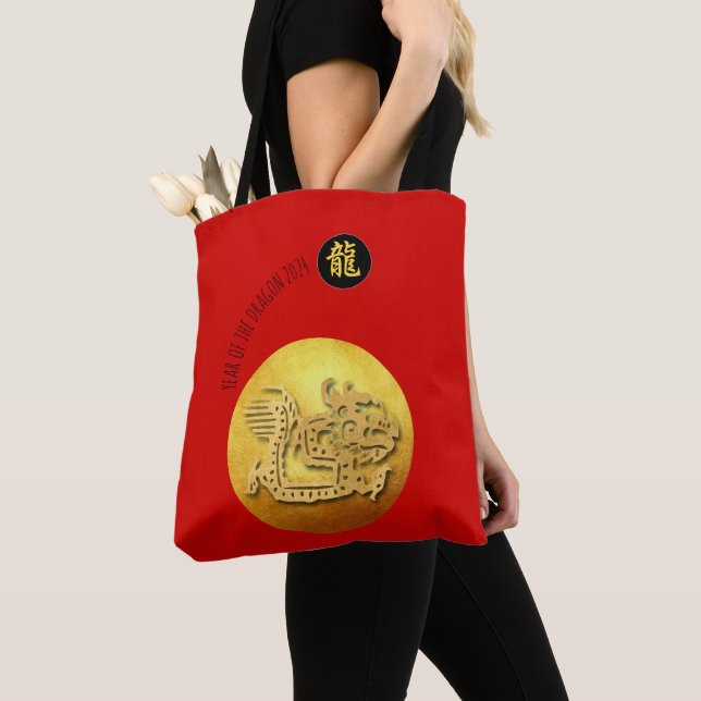 Bolsa Tote Dragão do Ouro Vermelho de Ano Novo chinês 2024 Ao (Close Up)