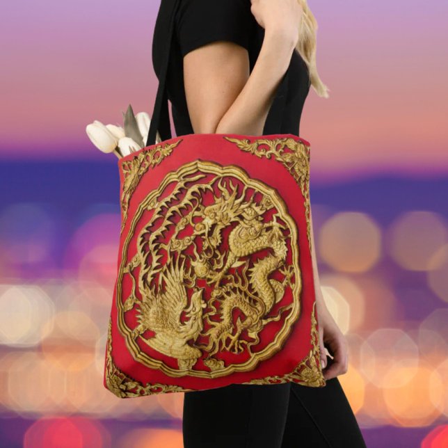 Bolsa Tote Dragão Fênix Vermelho Dourado Casamento Chinês (Dragon Phoenix Red Gold Chinese Wedding Tote Bag)